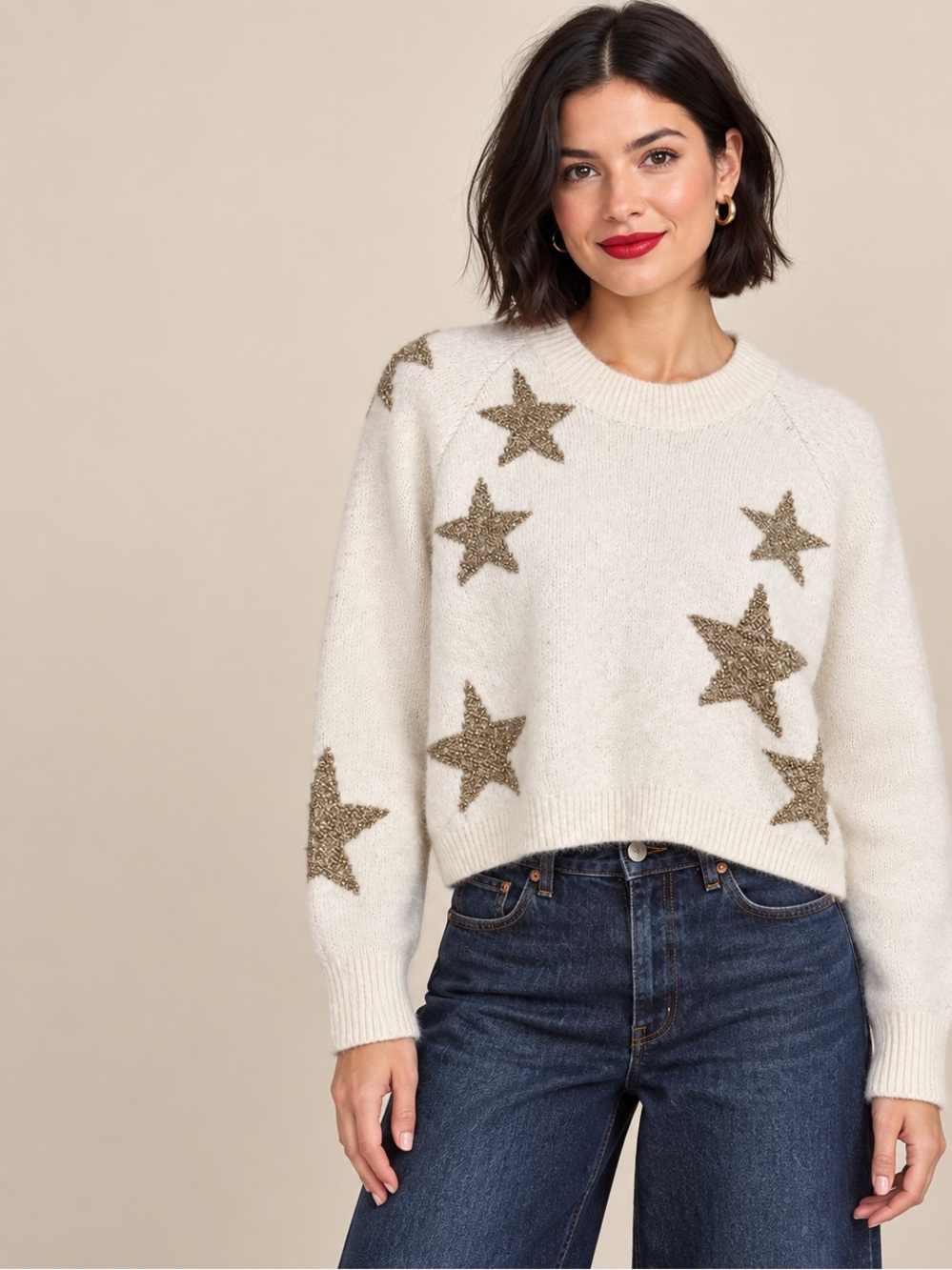 AllSaints Wool Star Sweater Cream Gold Size M Fits Small